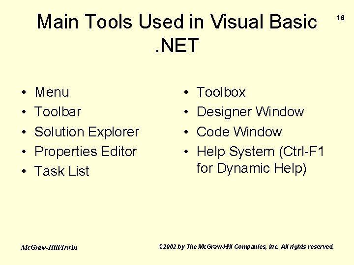 Main Tools Used in Visual Basic. NET • • • Menu Toolbar Solution Explorer