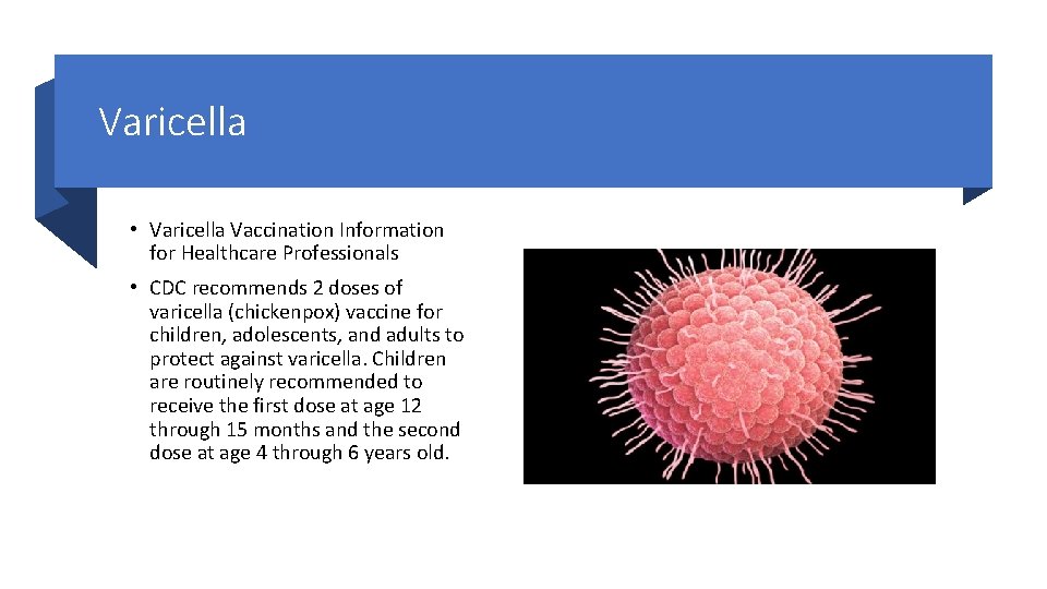 Varicella • Varicella Vaccination Information for Healthcare Professionals • CDC recommends 2 doses of