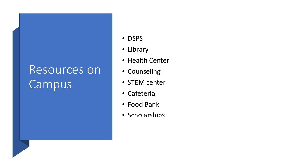 Resources on Campus • • DSPS Library Health Center Counseling STEM center Cafeteria Food