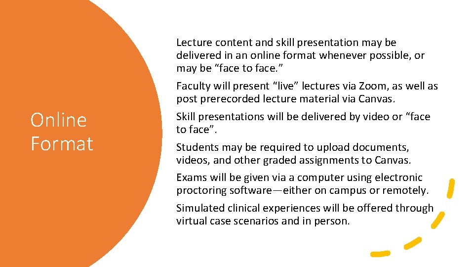 Online Format Lecture content and skill presentation may be delivered in an online format