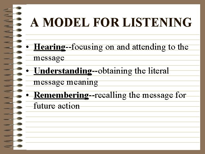 A MODEL FOR LISTENING • Hearing--focusing on and attending to the message • Understanding--obtaining