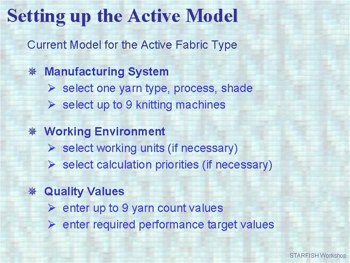 Setting up the Active Model Current Model for the Active Fabric Type ¯ Manufacturing