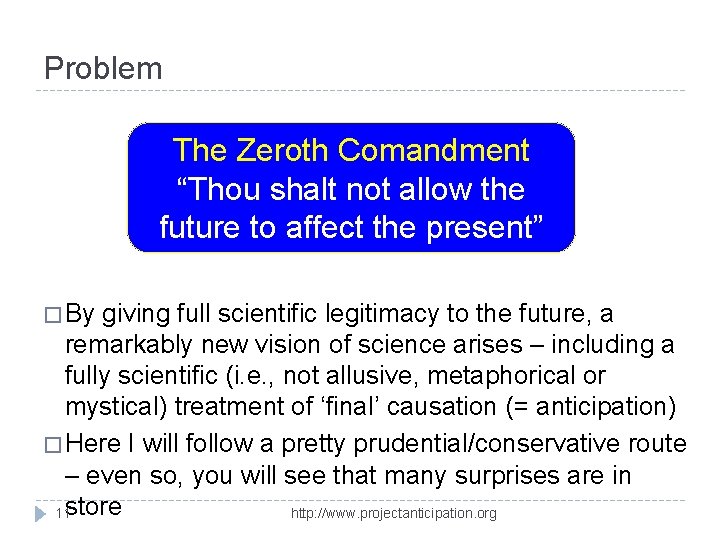 Problem The Zeroth Comandment “Thou shalt not allow the future to affect the present”