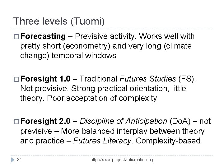 Three levels (Tuomi) � Forecasting – Previsive activity. Works well with pretty short (econometry)