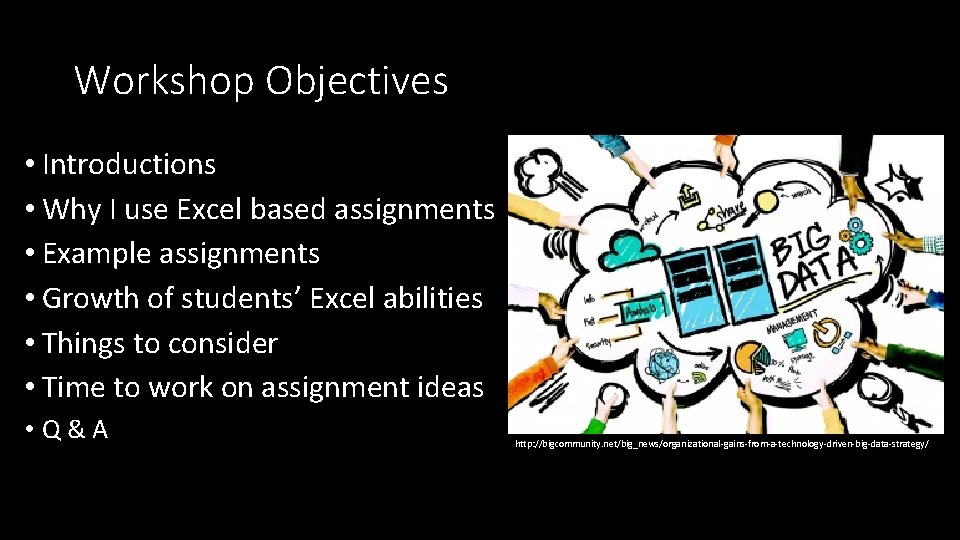 Workshop Objectives • Introductions • Why I use Excel based assignments • Example assignments Workshop Objectives • Introductions • Why I use Excel based assignments • Example assignments