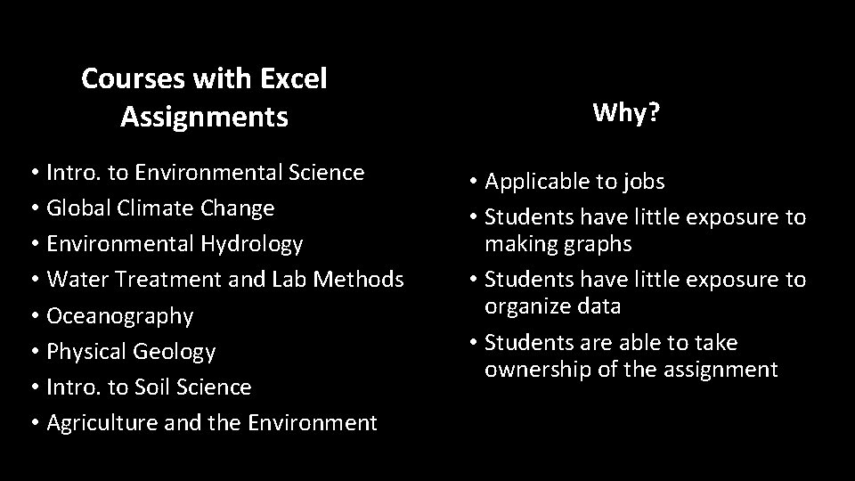 Courses with Excel Assignments • Intro. to Environmental Science • Global Climate Change • Courses with Excel Assignments • Intro. to Environmental Science • Global Climate Change •