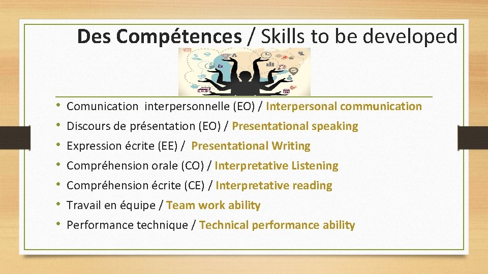 Des Compétences / Skills to be developed • • Comunication interpersonnelle (EO) / Interpersonal