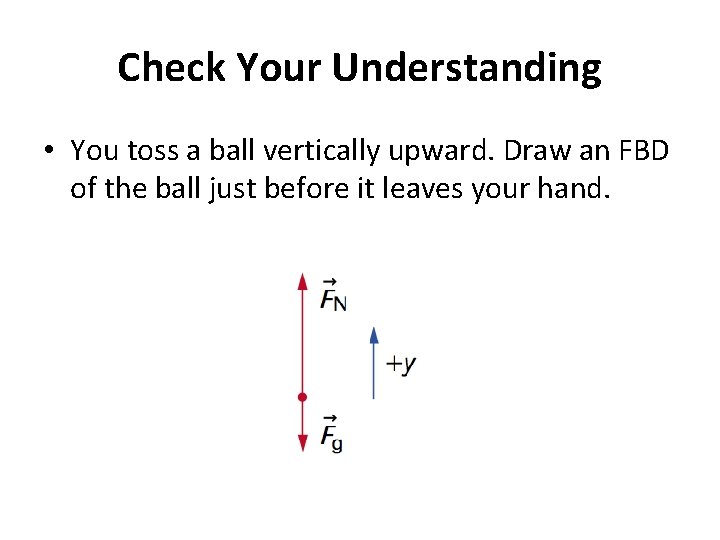 Check Your Understanding • You toss a ball vertically upward. Draw an FBD of