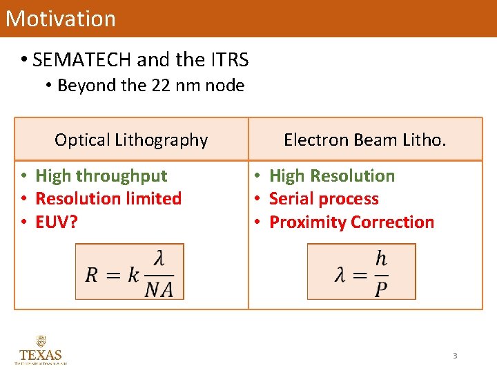 Motivation • SEMATECH and the ITRS • Beyond the 22 nm node Optical Lithography