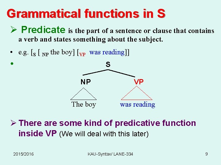 Grammatical functions in S Ø Predicate is the part of a sentence or clause
