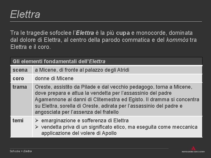 Elettra Tra le tragedie sofoclee l’Elettra è la più cupa e monocorde, dominata dal