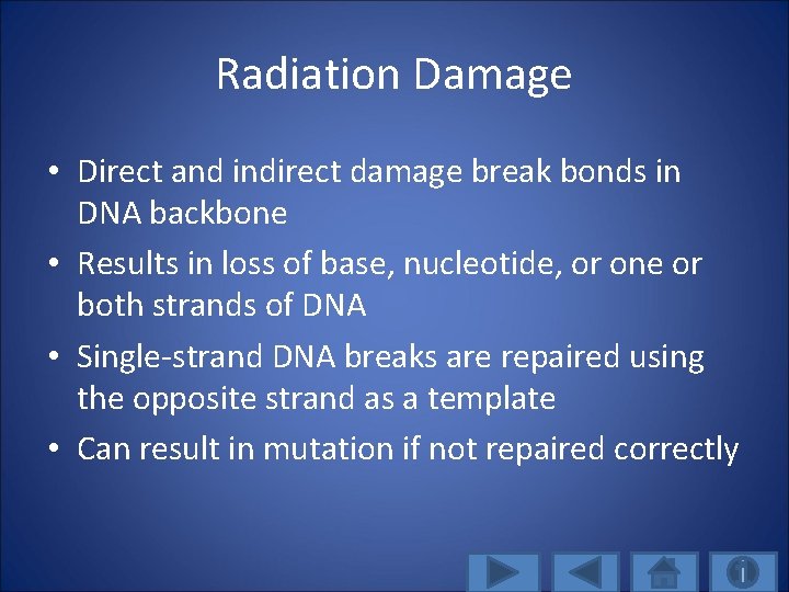 Radiation Damage • Direct and indirect damage break bonds in DNA backbone • Results