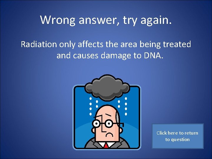 Wrong answer, try again. Radiation only affects the area being treated and causes damage