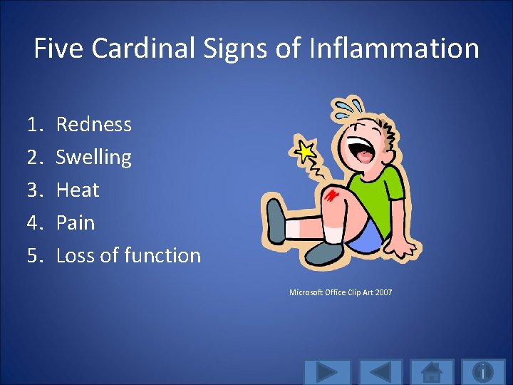 Five Cardinal Signs of Inflammation 1. 2. 3. 4. 5. Redness Swelling Heat Pain