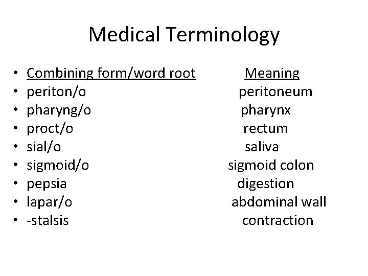Medical Terminology • • • Combining form/word root periton/o pharyng/o proct/o sial/o sigmoid/o pepsia