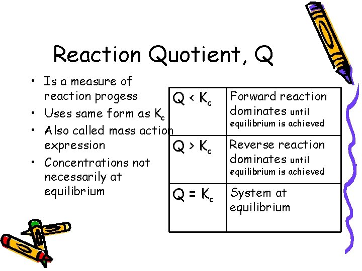 Reaction Quotient, Q • Is a measure of reaction progess Q < Kc •