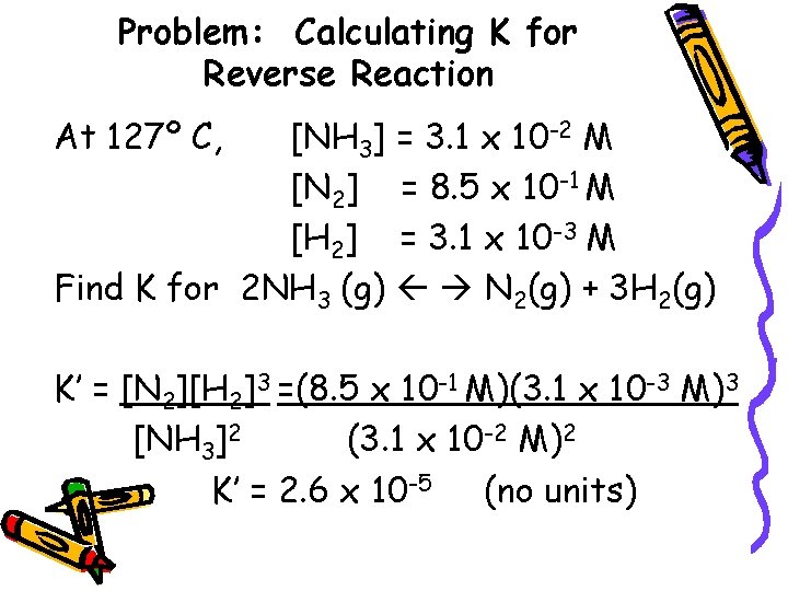 Problem: Calculating K for Reverse Reaction At 127º C, [NH 3] = 3. 1