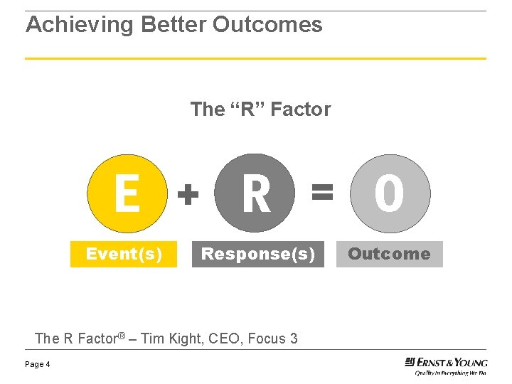 Achieving Better Outcomes The “R” Factor E Event(s) + R Response(s) The R Factor®