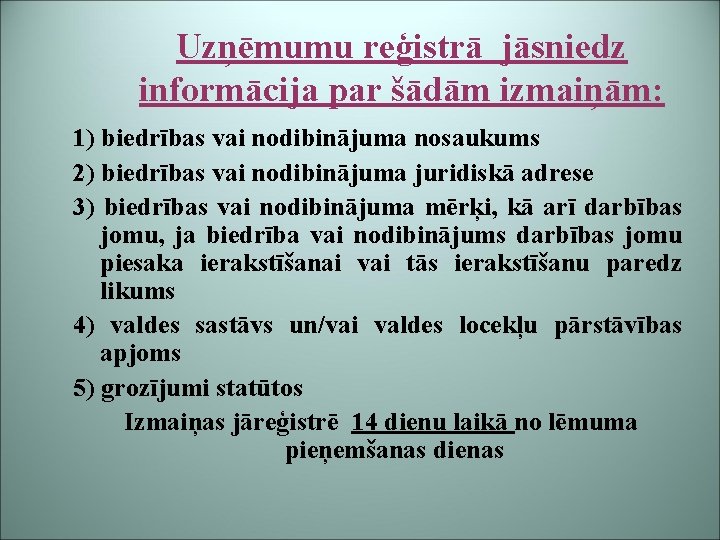 Uzņēmumu reģistrā jāsniedz informācija par šādām izmaiņām: 1) biedrības vai nodibinājuma nosaukums 2) biedrības