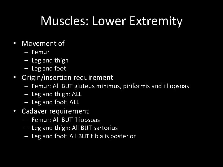 Muscles: Lower Extremity • Movement of – Femur – Leg and thigh – Leg