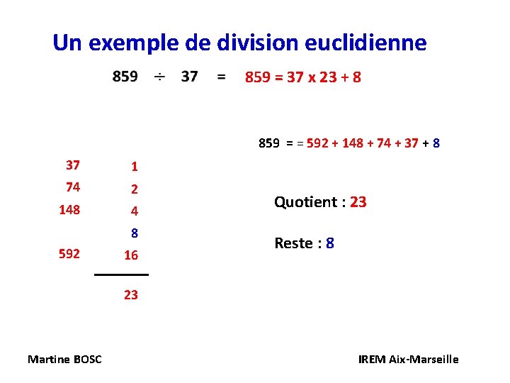 Un exemple de division euclidienne 859 = 37 x 23 + 8 859 =