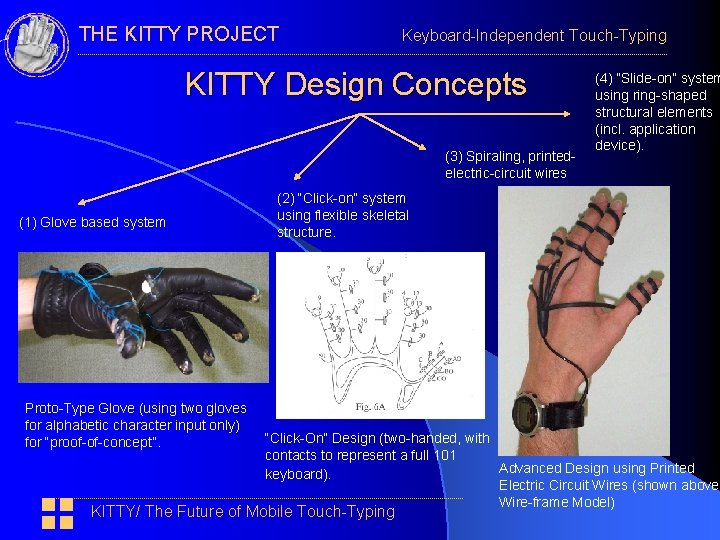 THE KITTY PROJECT Keyboard-Independent Touch-Typing KITTY Design Concepts (3) Spiraling, printedelectric-circuit wires (1) Glove