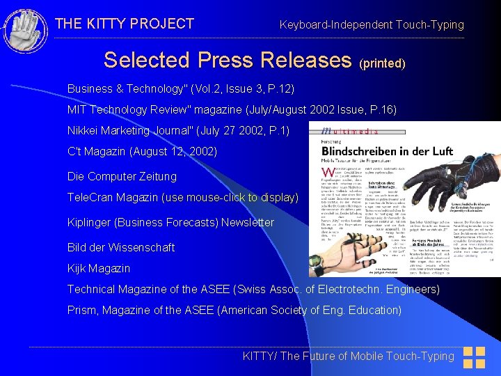 THE KITTY PROJECT Keyboard-Independent Touch-Typing Selected Press Releases (printed) Business & Technology" (Vol. 2,