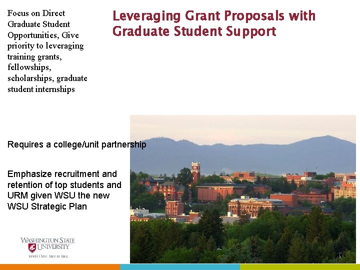 Focus on Direct Graduate Student Opportunities, Give priority to leveraging training grants, fellowships, scholarships,