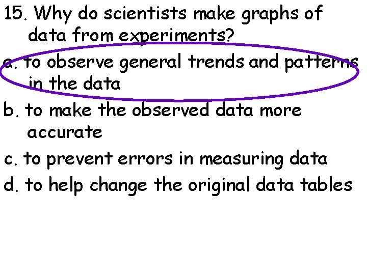 15. Why do scientists make graphs of data from experiments? a. to observe general