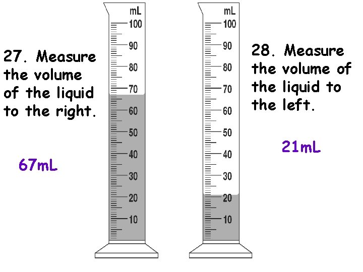 27. Measure the volume of the liquid to the right. 67 m. L 28.