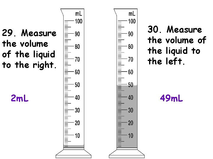 29. Measure the volume of the liquid to the right. 2 m. L 30.