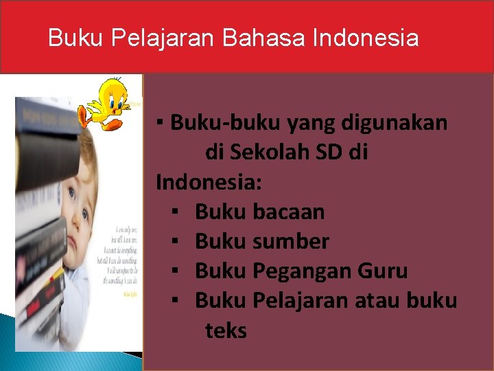 Buku Pelajaran Bahasa Indonesia ▪ Buku-buku yang digunakan di Sekolah SD di Indonesia: ▪