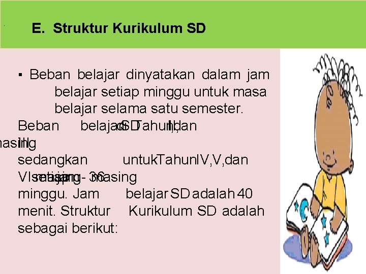 . E. Struktur Kurikulum SD ▪ Beban belajar dinyatakan dalam jam belajar setiap minggu