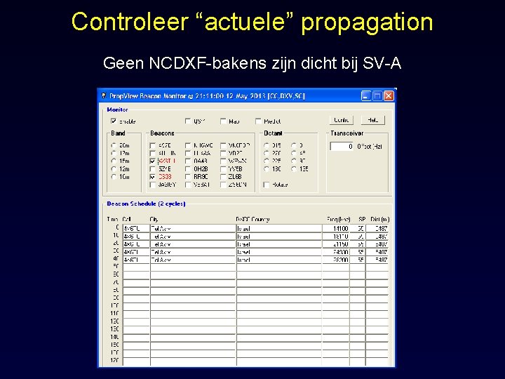 Controleer “actuele” propagation Geen NCDXF-bakens zijn dicht bij SV-A 