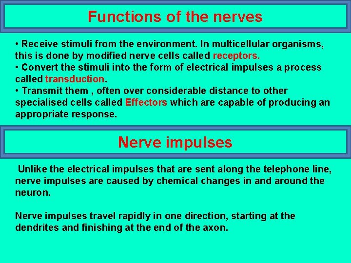 Functions of the nerves • Receive stimuli from the environment. In multicellular organisms, this