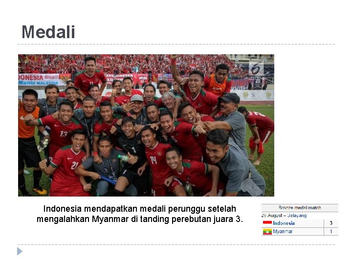 Medali Indonesia mendapatkan medali perunggu setelah mengalahkan Myanmar di tanding perebutan juara 3. 