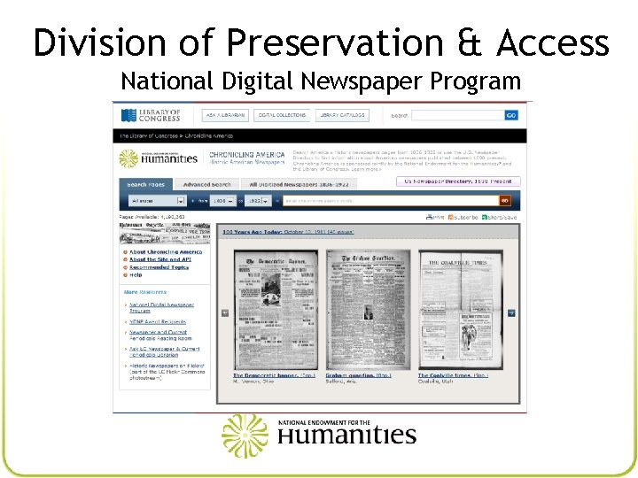 Division of Preservation & Access National Digital Newspaper Program 