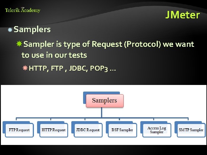 JMeter Samplers Sampler is type of Request (Protocol) we want to use in our