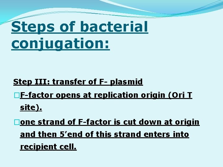 Steps of bacterial conjugation: Step III: transfer of F- plasmid �F-factor opens at replication