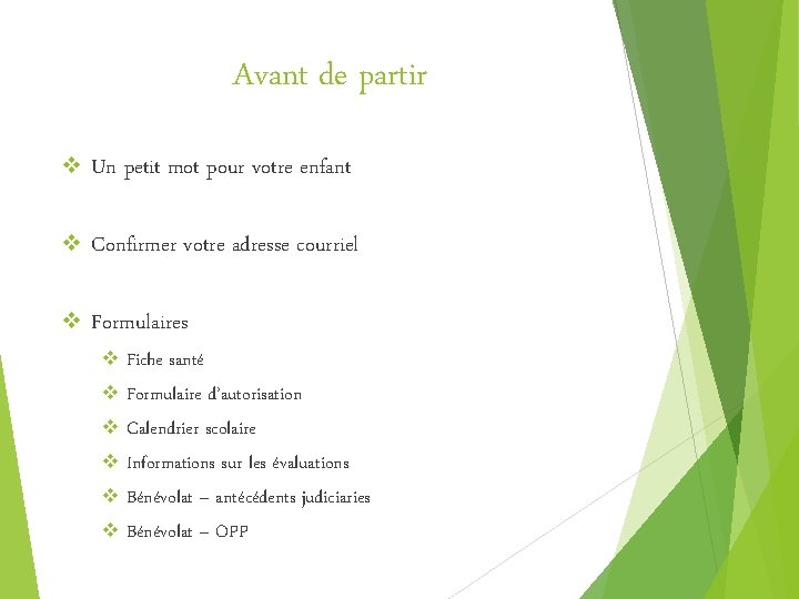 Avant de partir v Un petit mot pour votre enfant v Confirmer votre adresse