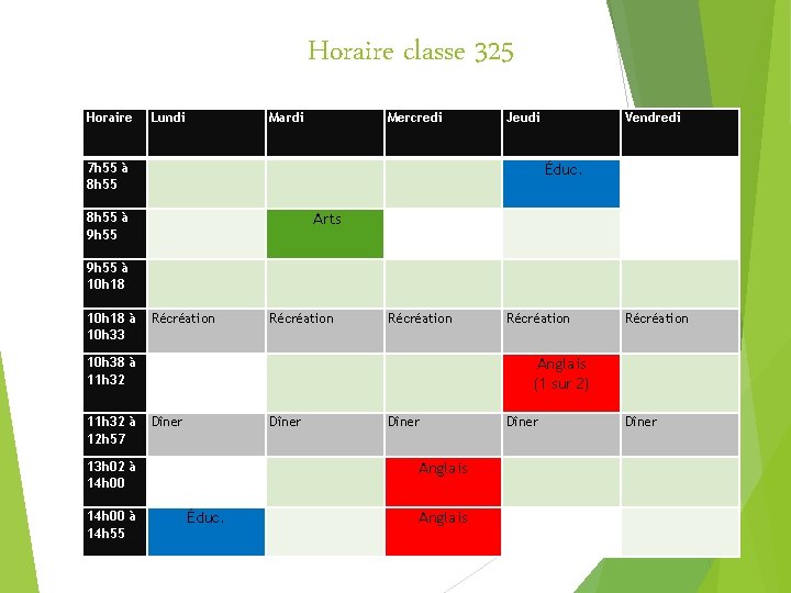 Horaire classe 325 Horaire Lundi Mardi Mercredi Jeudi 7 h 55 à 8 h