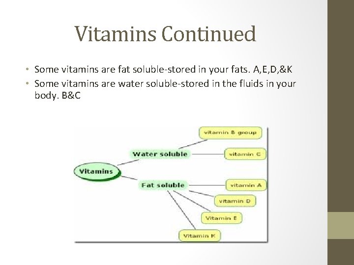 Vitamins Continued • Some vitamins are fat soluble-stored in your fats. A, E, D,