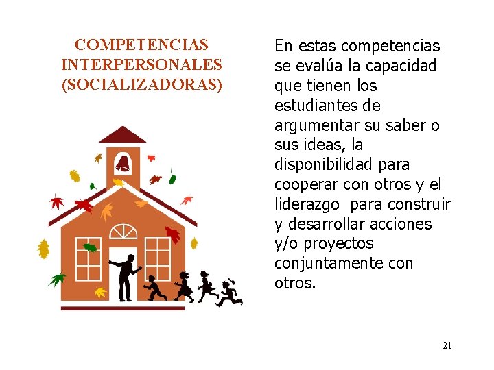 COMPETENCIAS INTERPERSONALES (SOCIALIZADORAS) En estas competencias se evalúa la capacidad que tienen los estudiantes