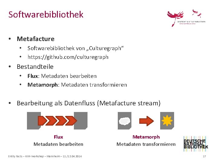 Softwarebibliothek • Metafacture • Softwarebibliothek von „Culturegraph“ • https: //github. com/culturegraph • Bestandteile •