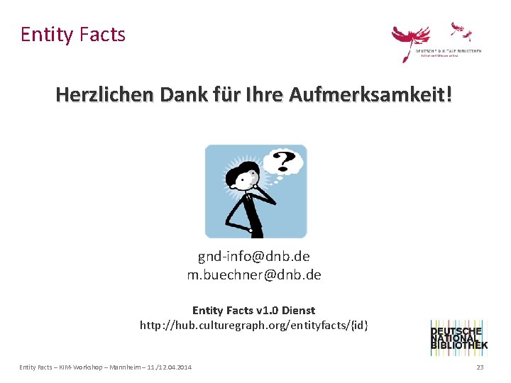 Entity Facts Herzlichen Dank für Ihre Aufmerksamkeit! gnd-info@dnb. de m. buechner@dnb. de Entity Facts