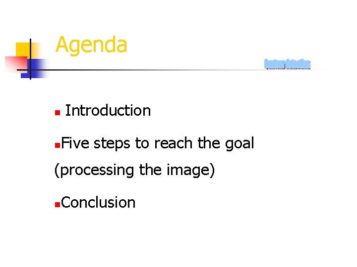 Agenda n n Introduction Five steps to reach the goal (processing the image) n