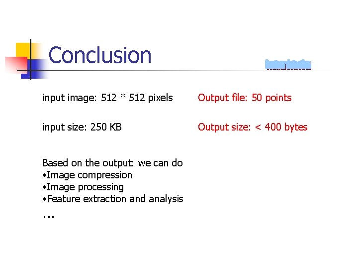 Conclusion input image: 512 * 512 pixels Output file: 50 points input size: 250