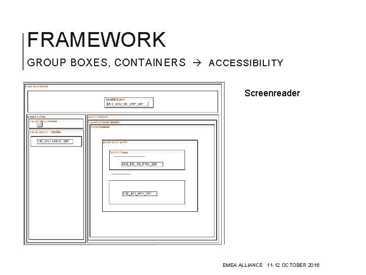 FRAMEWORK GROUP BOXES, CONTAINERS ACCESSIBILITY Screenreader EMEA ALLIANCE 11 -12 OCTOBER 2016 