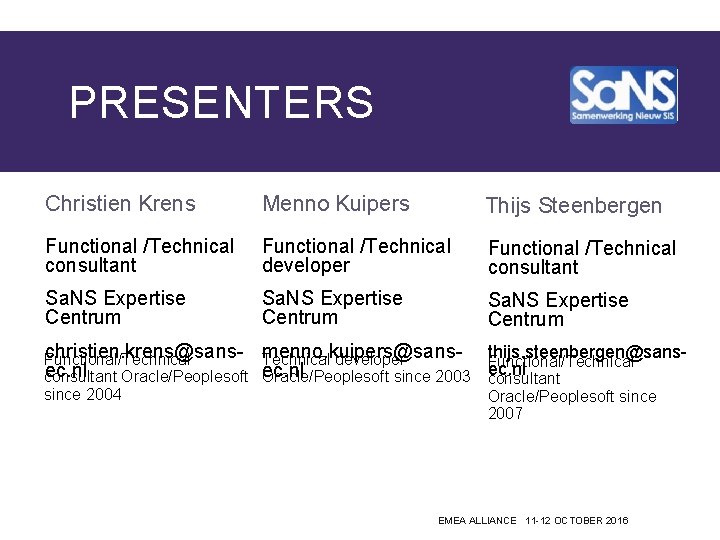 PRESENTERS Christien Krens Menno Kuipers Thijs Steenbergen Functional /Technical consultant Functional /Technical developer Functional