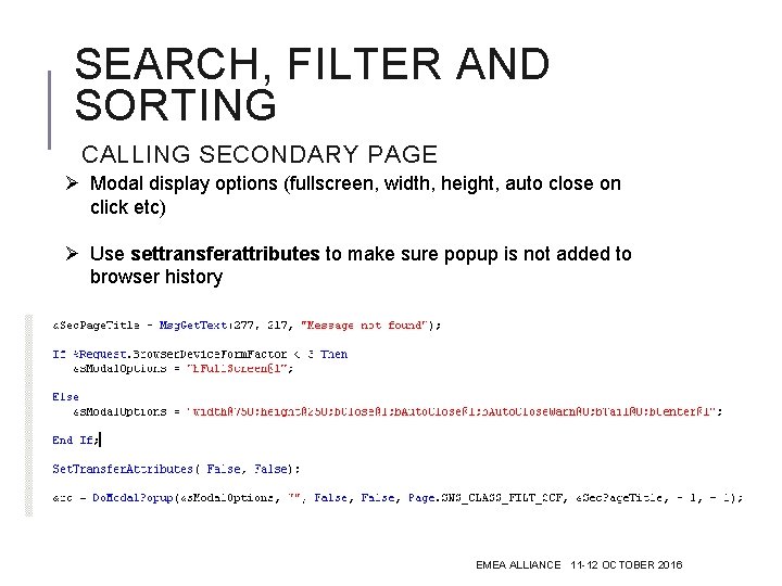 SEARCH, FILTER AND SORTING CALLING SECONDARY PAGE Ø Modal display options (fullscreen, width, height,